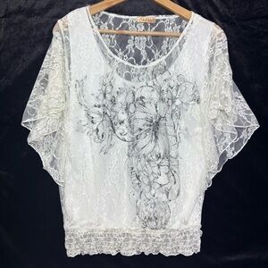 Lavish White Lace Women’s Top Sz L Y2K Boho Fairycore Romantic Butterfly sleeves